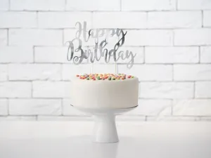 Dekoracja na tort Partydeco topper na tort Happy Birthday, srebrny, 22,5cm (KPT11-018M)