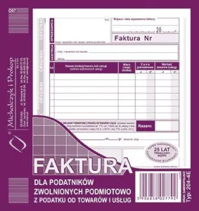 Druk offsetowy 2/3 A5 Faktura dla podatników zwolnionych podmiotowo z podatku VAT 80k. Michalczyk i Prokop (204-4E)