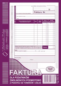 Druk offsetowy A5 Faktura dla podatników zwolnionych z podatku VAT 80k. Michalczyk i Prokop (202-3E)