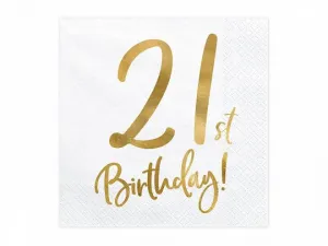 Serwetki Partydeco 21st Birthday 20 sztuk - białe 330mm x 330mm (SP33-77-21-008)