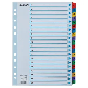 Przekładka numeryczna Mylar kartonowa A4 mix kolorów 160g 20k 1-20 Esselte (100163)
