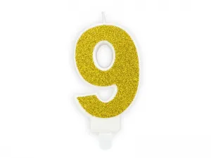 Świeczka urodzinowa Partydeco cyferka 9 złoty brokat 7cm (SCU3-9-019B)