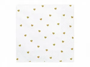 Serwetki Partydeco Serca w kolorze białym ze złotym nadrukiem (1 op. / 20 szt.) - biała 330mm x 330mm (SP33-49-008)
