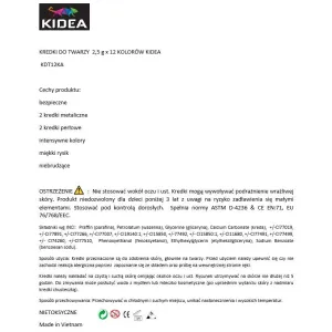 Farba do malowania twarzy Kidea 12 kolor. Kidea (KDT12KA)