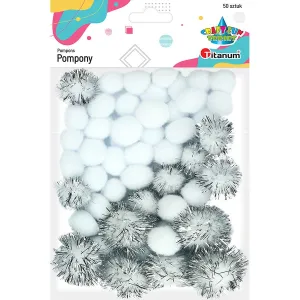 Pompony Craft-Fun Series brokatowe i matowe biały 50 szt Titanum (361536)