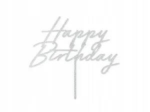 Dekoracja na tort Topper akrylowy Happy Birthday, 18x16.5 cm, srebrny brokatowy Partydeco (KPT83-018)