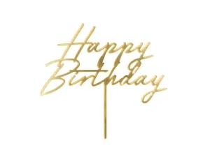 Dekoracja na tort Topper akrylowy Happy Birthday, 18x16.5 cm, złoty Partydeco (KPT83-019)