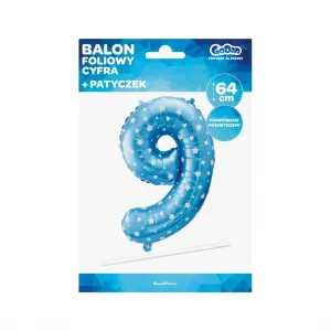 Balon foliowy Godan niebieski w gwiazdy cyfra 9 26 cali 26cal (hs-c26n9)