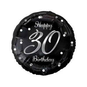 Balon foliowy Godan Happy 30 Birthday, czarny, nadruk srebrny 18cal (FG-O30S)