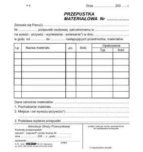 Druk samokopiujący Stolgraf przepustka materiałowa 3/4 A5 100k. (K78)